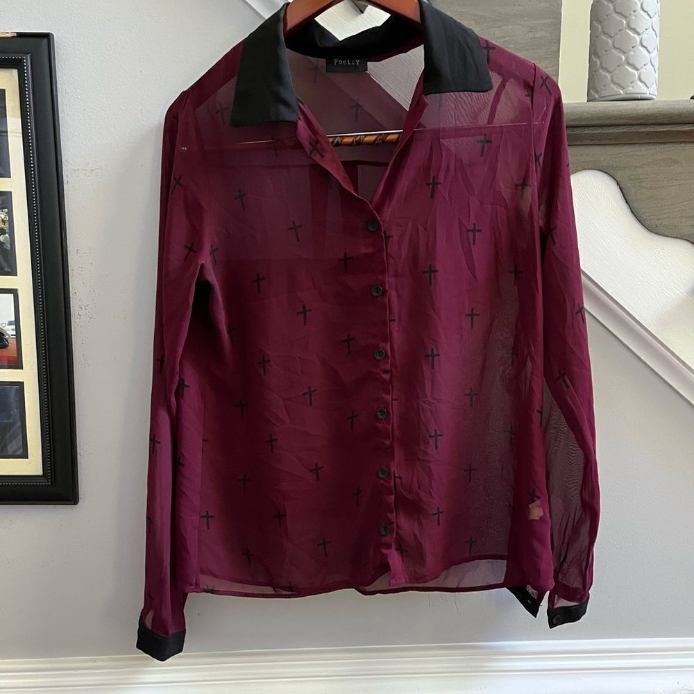 Poetry Burgundy & Black Crosses Sheer Blouse sz L